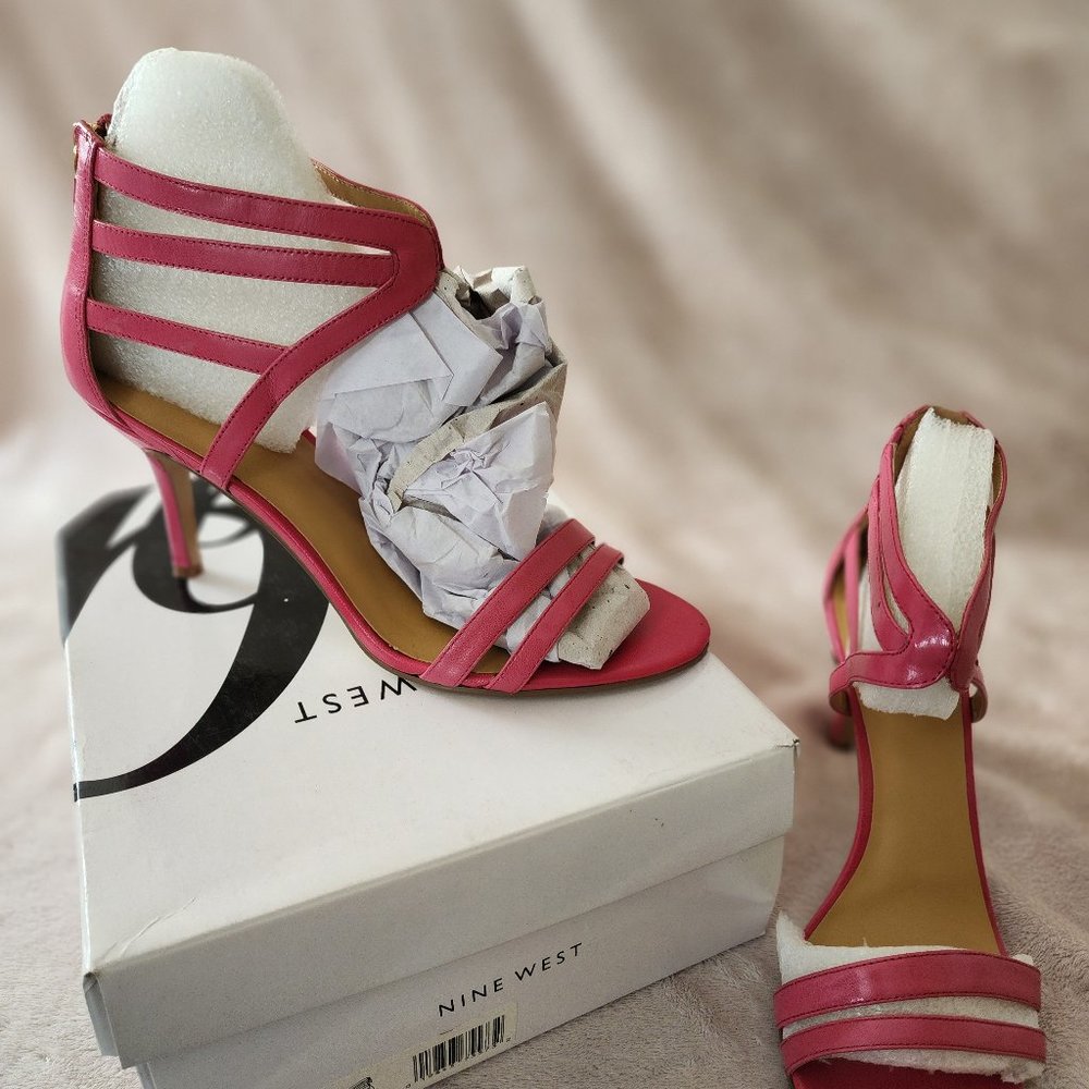 Open Toe Ankle Straps Sandals Pink Leather Back Zip